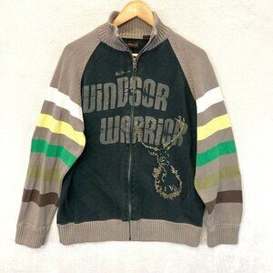 Ben Sherman Knit Cardigan Sweater Mens XXL (XL) Gray Stripe Zip Embroidered Deer